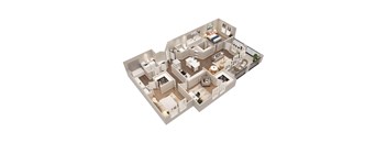 A 3D rendered image of a house layout.