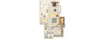 A detailed floor plan of an apartment with various rooms and furniture layouts.
