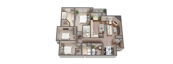 A 3D rendered image of a house layout.