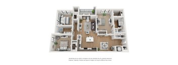 A 3D floor plan of a house with labeled rooms.