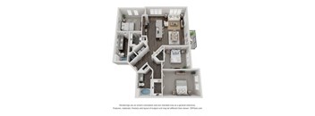 A 3D floor plan of a house with multiple rooms and furniture.