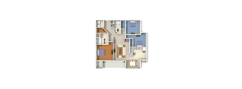 A floor plan of a house with multiple rooms and a kitchen.