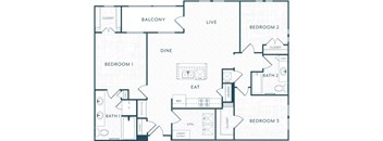 A floor plan of a house with three bedrooms, a balcony, a dining area, a kitchen, a living room, and two bathrooms.
