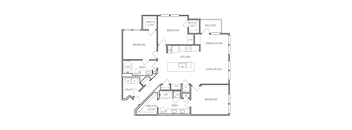 A floor plan of a house with labeled rooms such as Bedroom, Bath, Kitchen, and Living Room.