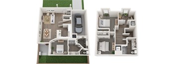 A floor plan of a two-bedroom apartment with a garage.
