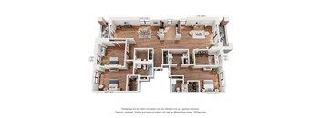 A 3D floor plan of a multi-level apartment with various rooms and dimensions.