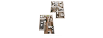 A set of three floor plans for a house with a garage and a living room.