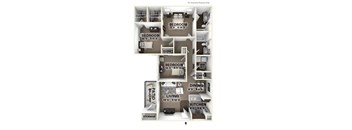 A diagram of a house layout with four bedrooms, a living room, a dining room, a kitchen, a storage area, and a patio.