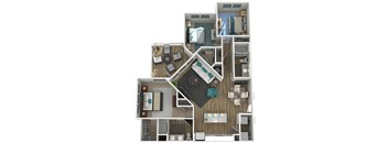 A 3D floor plan of a small apartment with a kitchen, living room, and bedroom.