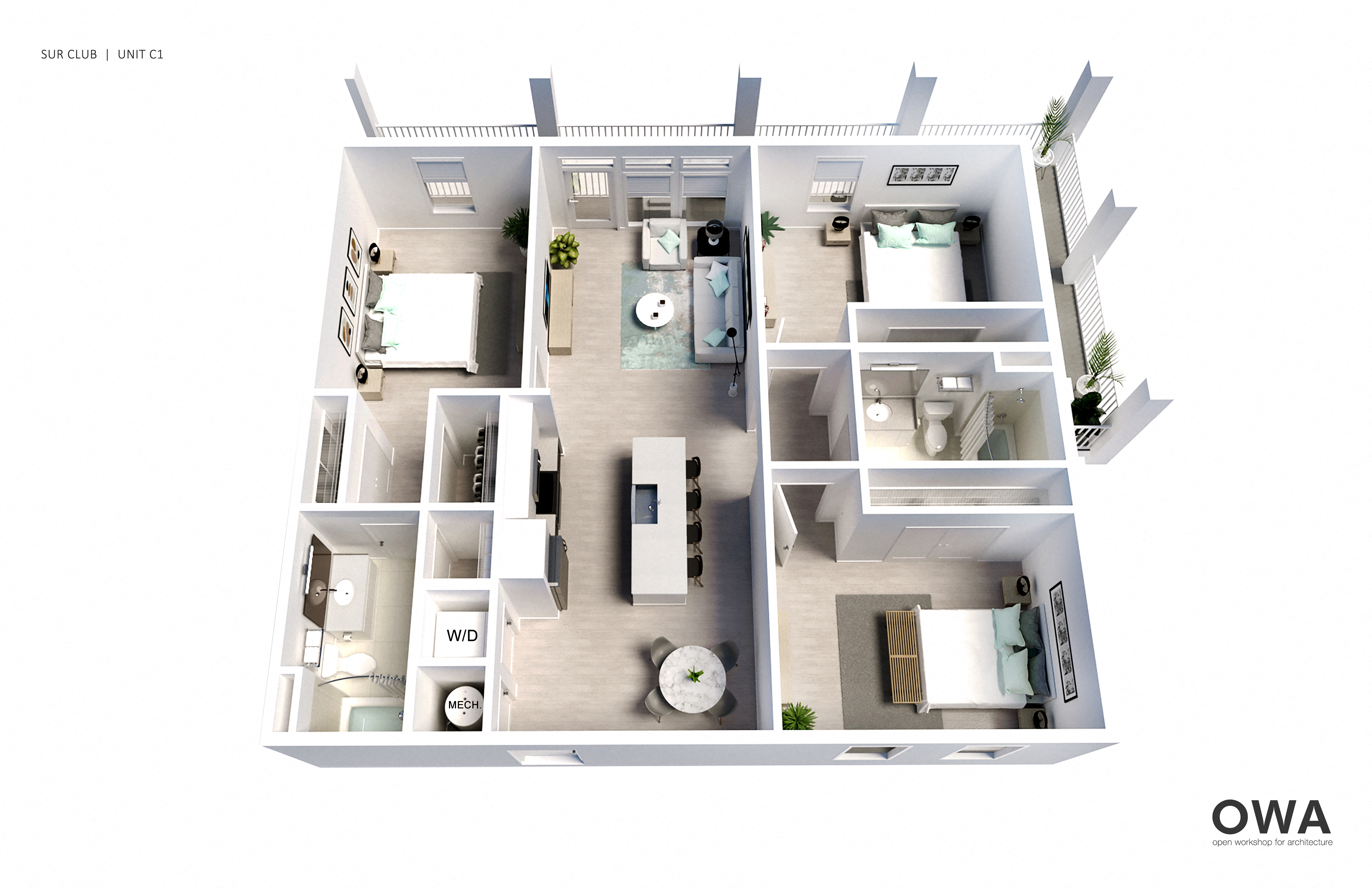 A floor plan of a sub club unit C1 showing a living room, kitchen, and two bedrooms.