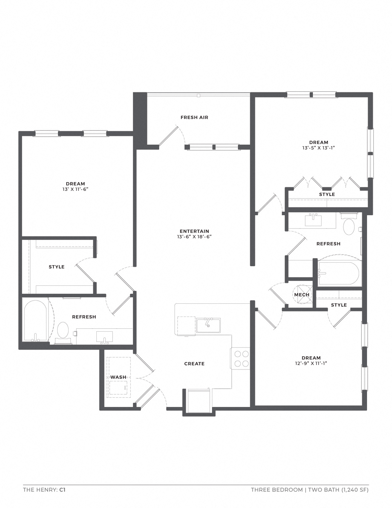 A black and white image of a floor plan for a three bedroom apartment.