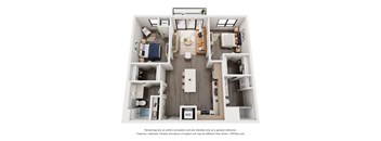 A 3D floor plan of a house with a kitchen, living room, and two bedrooms.