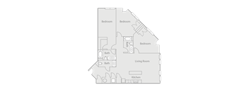 A floor plan of a house with three bedrooms, a living room, a kitchen, and two bathrooms.