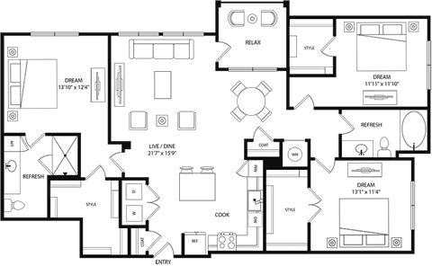 A floor plan of a house with labeled rooms such as "RELAX" and "DREAM".