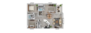 A 3D floor plan of a house with a living room, kitchen, dining room, and bedrooms.