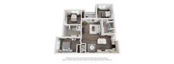 A 3D floor plan of a house with a living room, kitchen, and two bedrooms.