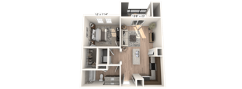 A 13'x23' floor plan of a house with a living room, kitchen, and two bedrooms.