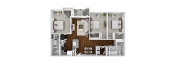 A 3D floor plan of a house with a kitchen, living room, and two bedrooms.