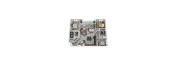 A top-down view of a house interior with a kitchen, living room, and two bedrooms.