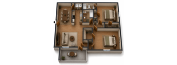 A floor plan of a house with a living room, dining room, kitchen, and bathrooms.