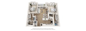 A 3D floor plan of a two-bedroom apartment with a living room, kitchen, and bathroom.