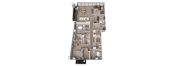 A 3D floor plan of a house with multiple rooms and a courtyard.