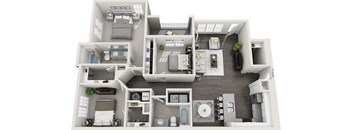 A 3D floor plan of a house with multiple rooms and furniture.