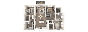 A detailed 3D floor plan of a house showing all rooms and their furnishings.