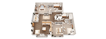 A top-down view of a house interior with a living room, kitchen, and dining area.