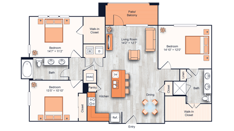 a floor plan of one bedroom apartment with two bathrooms and a balcony