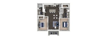A top-down view of a small apartment with a kitchen, living room, and bedroom.