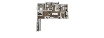 A 3D floor plan of a house with a kitchen, living room, and bedrooms.