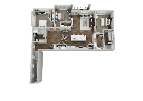 A 3D floor plan of a house with a kitchen, living room, and bedrooms.