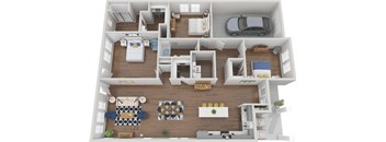 a 3d rendering of a floor plan with a car and a balcony