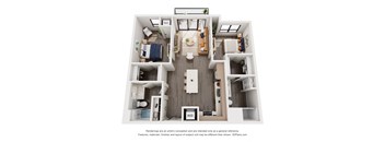 A 3D floor plan of a house with a kitchen, living room, and two bedrooms.
