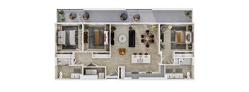 A top-down view of a house layout with a kitchen, living room, dining room, and bathrooms.