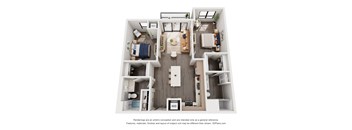A 3D floor plan of a small apartment with a kitchen, living room, and two bedrooms.