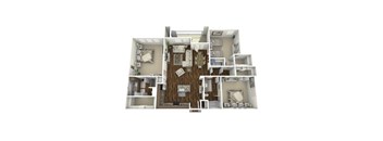A 3D floor plan of a house with a living room, kitchen, and two bedrooms.