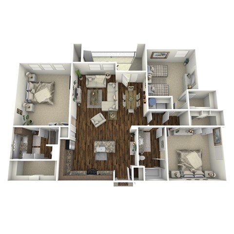 A 3D floor plan of a house with a living room, kitchen, and two bedrooms.