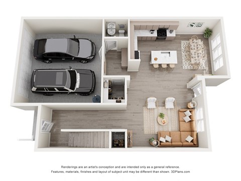 A 3D floor plan of a house with two cars parked in the garage.