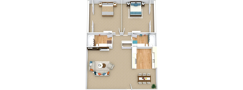 A floor plan of a house with two bedrooms, a living room, a kitchen, and a bathroom.