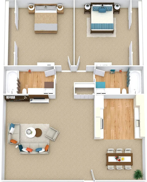 A floor plan of a house with two bedrooms, a living room, a kitchen, and a bathroom.