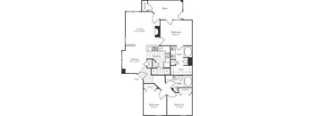 A floor plan of a home with a living area, two bedrooms, a kitchen, a bathroom, and a closet.
