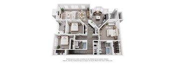 A 3D floor plan of a house with multiple rooms and furniture.