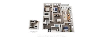 A floor plan of a small apartment with a kitchen, living room, and two bedrooms.