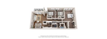 A 3D floor plan of a house with a kitchen, living room, and two bedrooms.