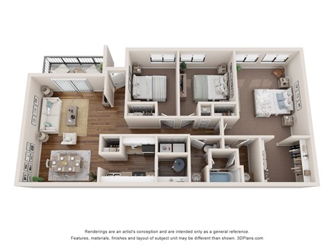 A 3D floor plan of a house with a kitchen, living room, and two bedrooms.