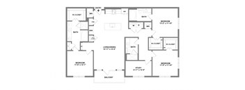 A floor plan of a house with two bathrooms, two bedrooms, a living/dining area, and a balcony.