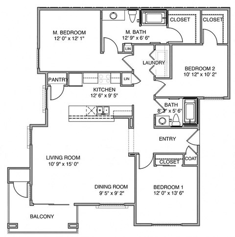 A black and white image of a floor plan for a home with labeled rooms and dimensions.