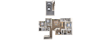 A detailed 3D floor plan of a house with a car parked outside.